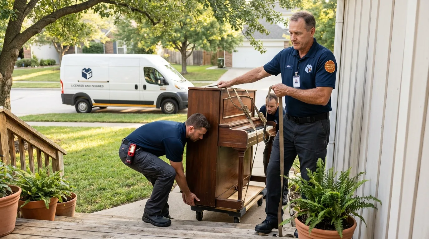 Licensed piano movers securing grand piano in Palatine, IL