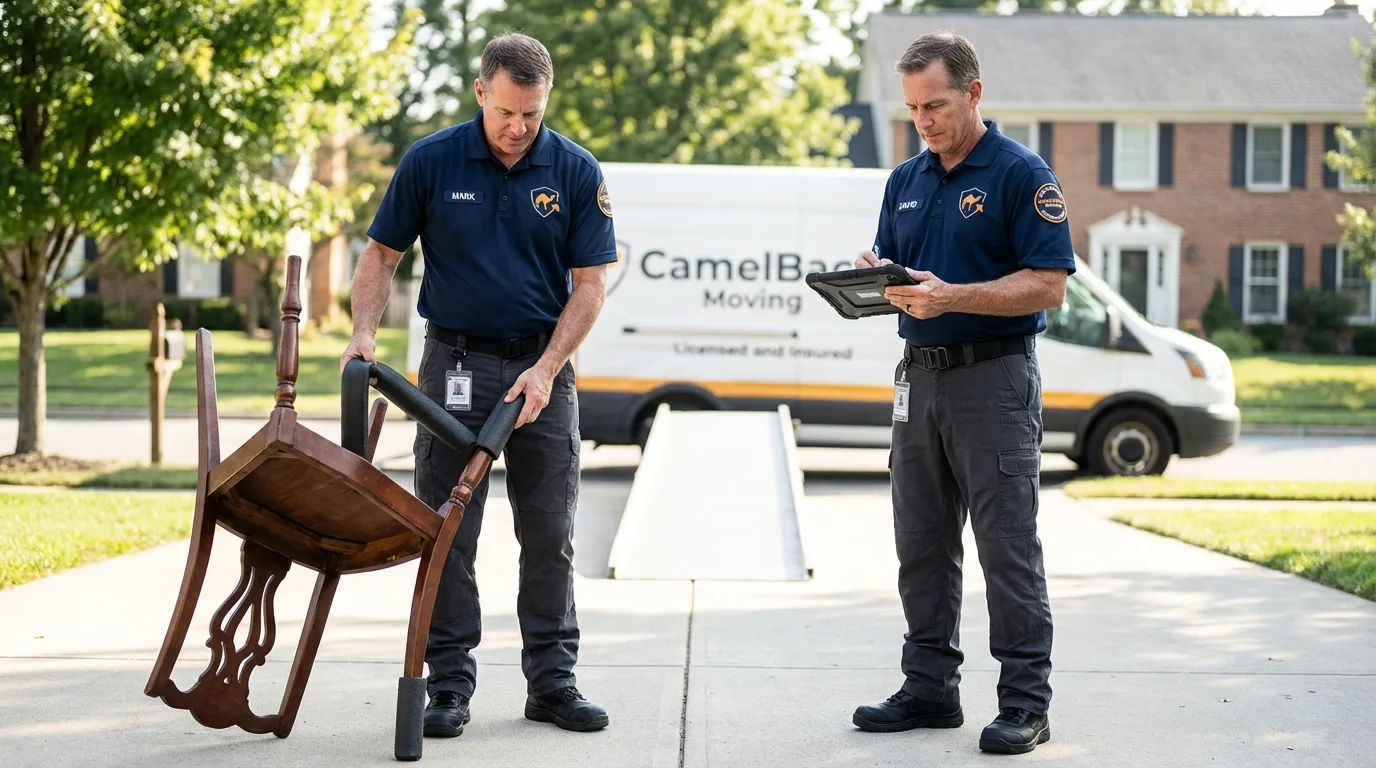 Movers inspecting furniture for damage prevention before loading in Palatine, IL