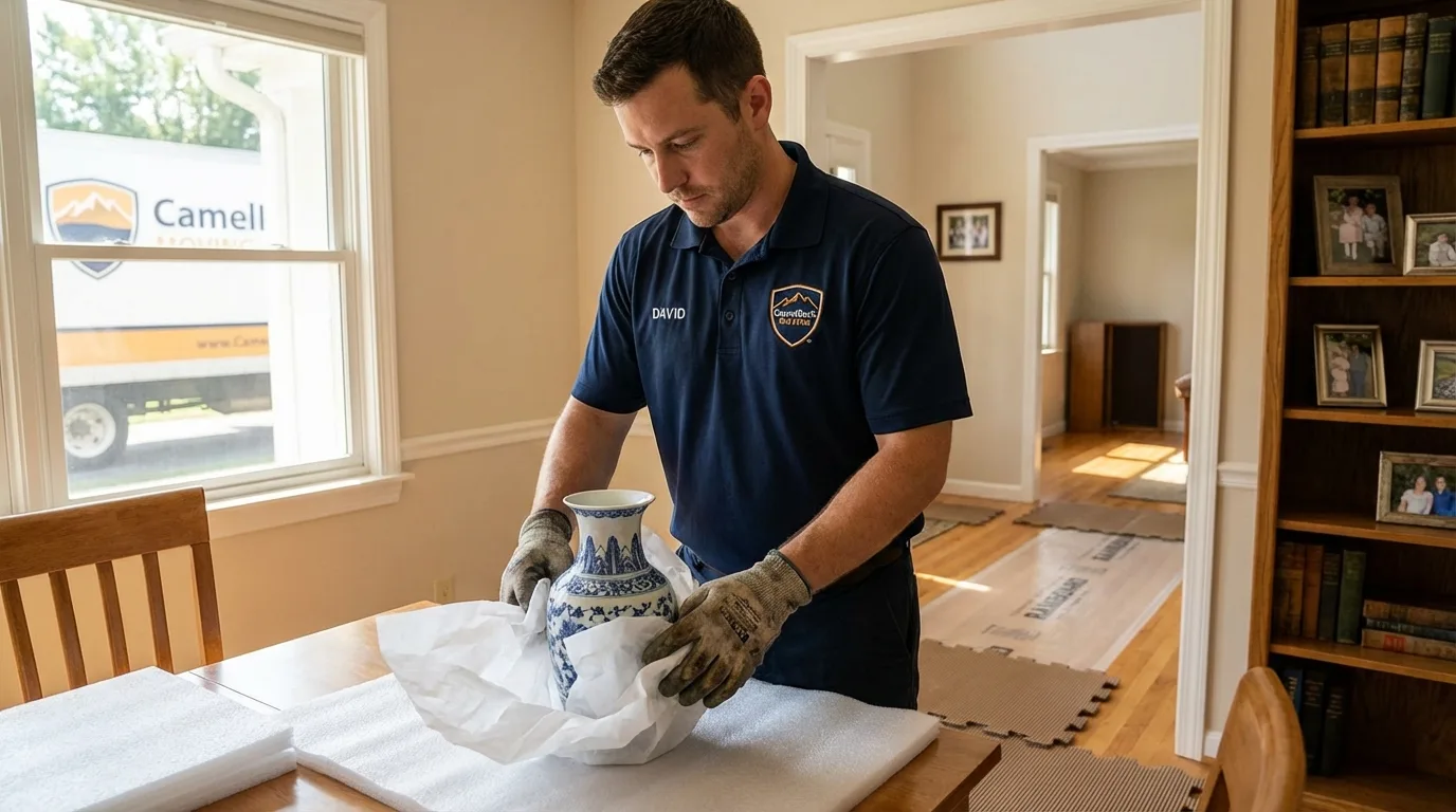 Professional crew carefully wrapping antique vase for senior downsizing move in Palatine, IL